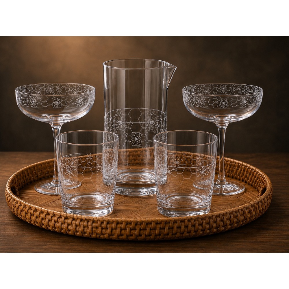 Chic & Tonic 5pc‎ Cocktail Set Etched Geometric Pitcher Coupes Rocks Glasses